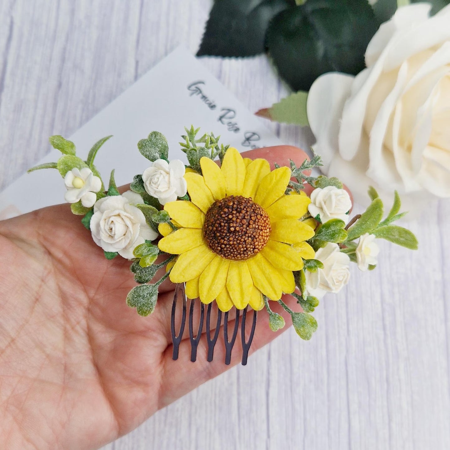 Sunflower and rose hair comb