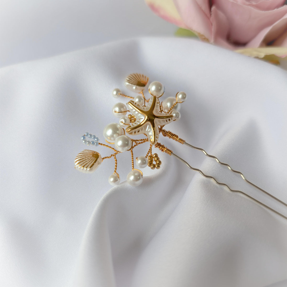 Handmade pearl and bead hair pin, Starfish embellishment, Wedding hair piece