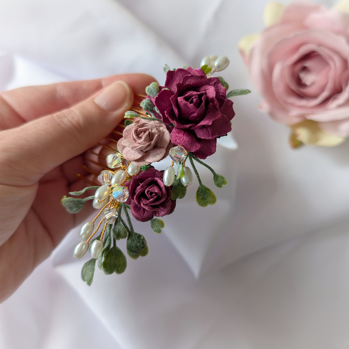 Burgundy, pink and gold hair comb, Bridal flower hair accessory, Bridesmaid hair piece