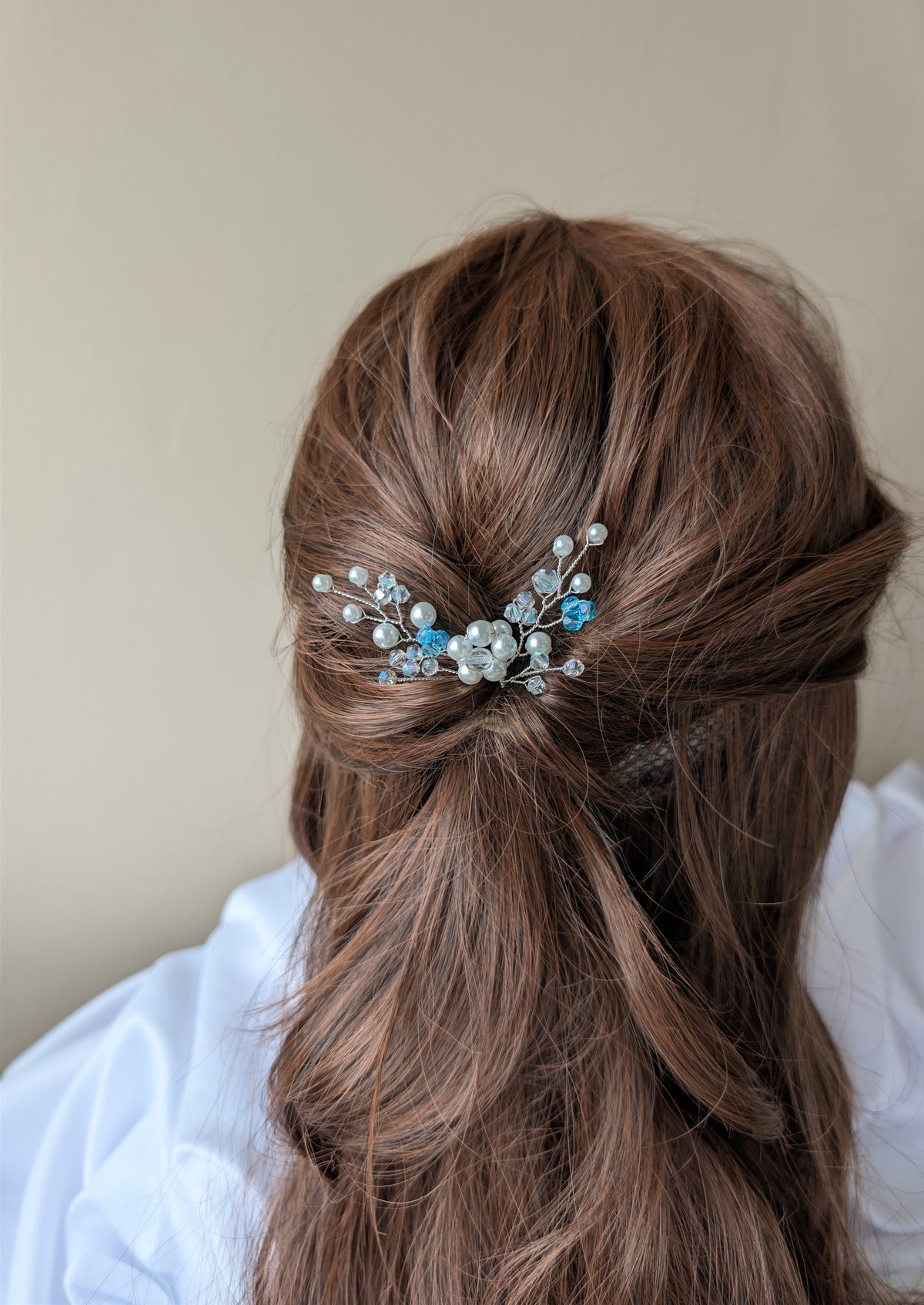 Pearl hair pin, Pearl & Crystal Bridal Accessory, Something blue gift