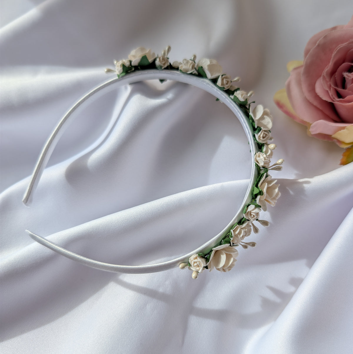 White flower headband, Flower girl hair accessories, Christening headband, Holy Communion hair piece
