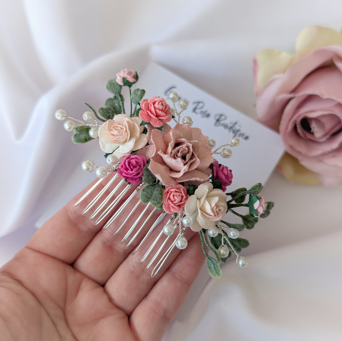 Pink flower hair comb, Pearl wedding Hair Accessories, Bridesmaid hair piece