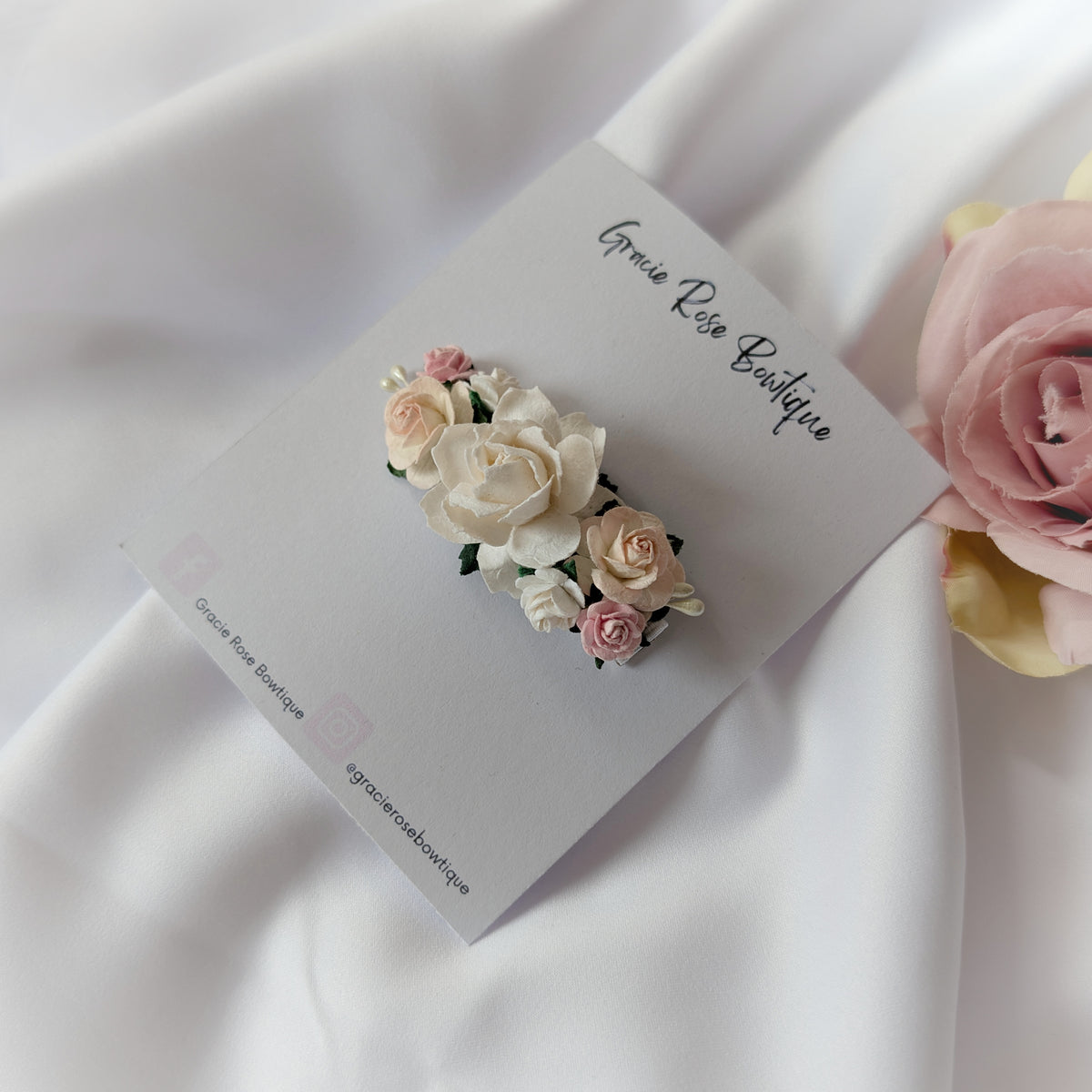 White and pink flower hair clip, Rose hair accessory, Flower girl hair piece