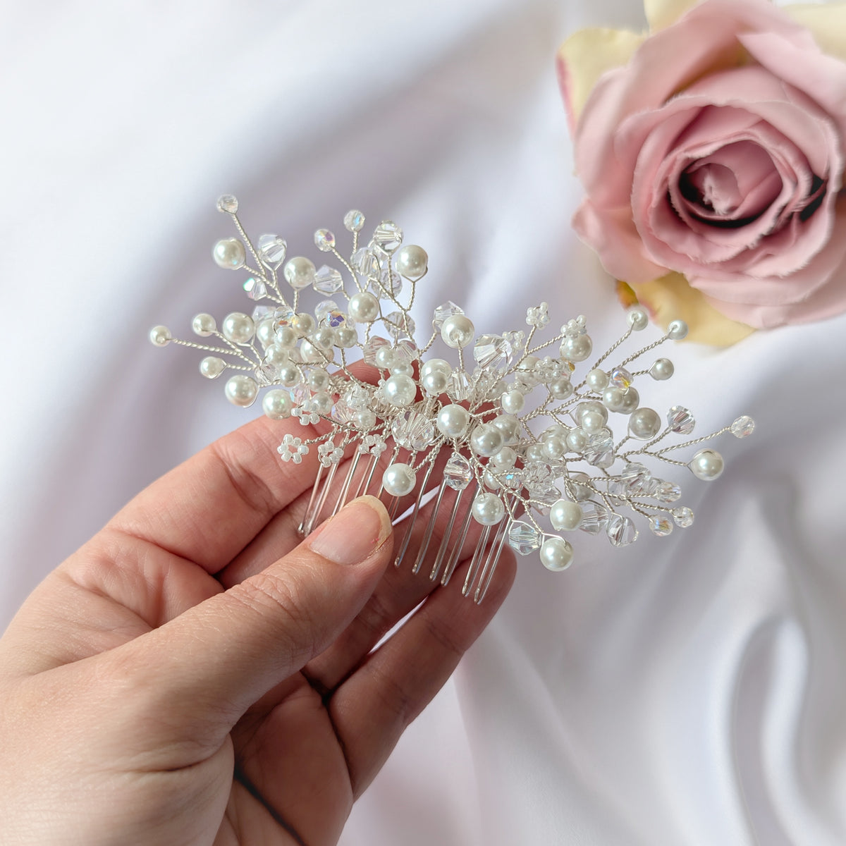 Wedding hair accessory, Handmade pearl and crystal bead hair comb, Bridal hair piece