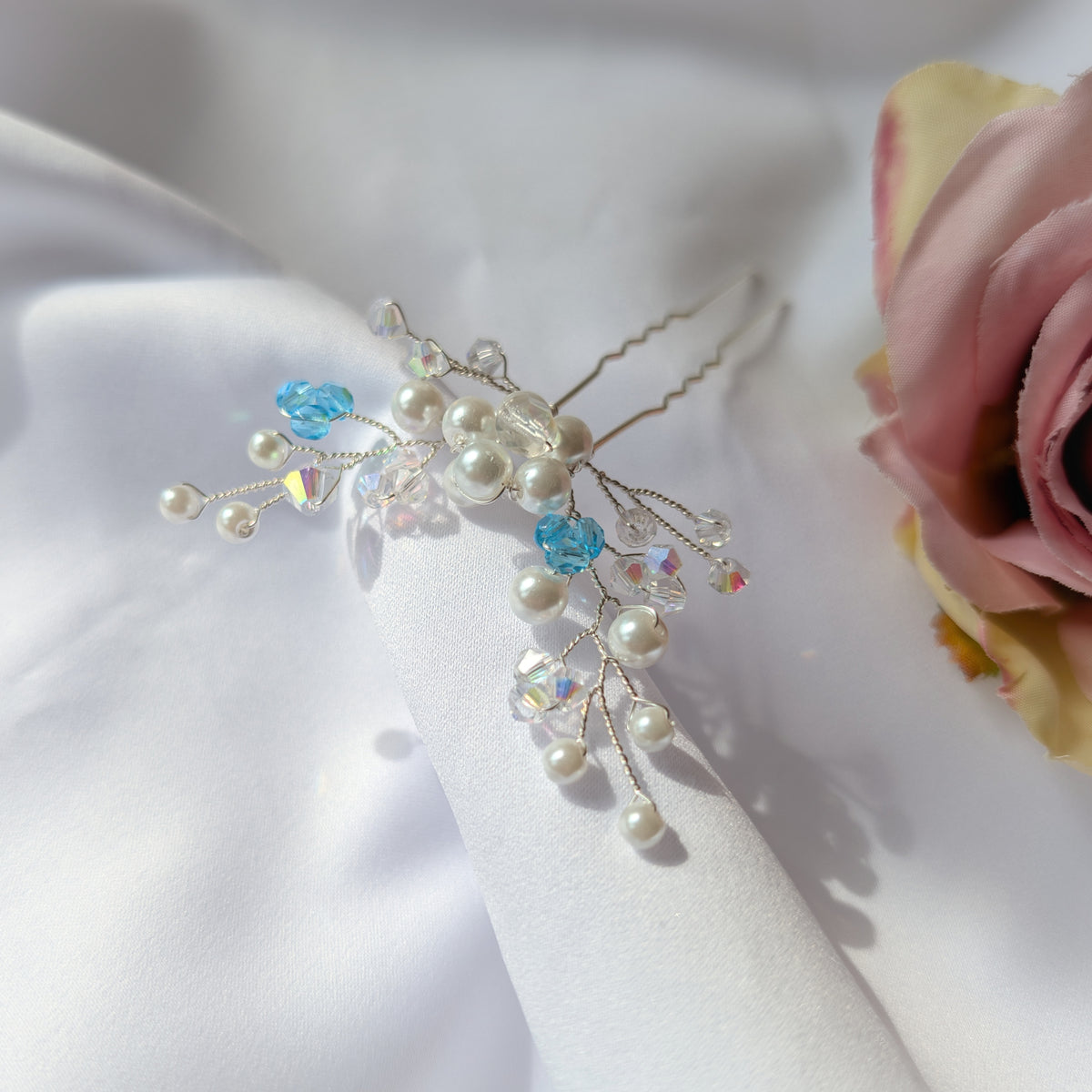 Pearl hair pin, Pearl & Crystal Bridal Accessory, Something blue gift