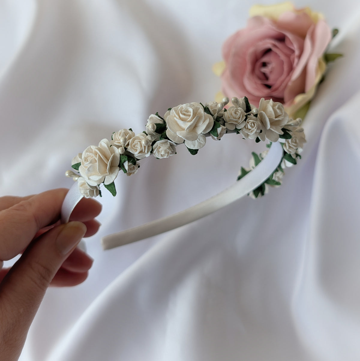 White flower headband, Flower girl hair accessories, Christening headband, Holy Communion hair piece