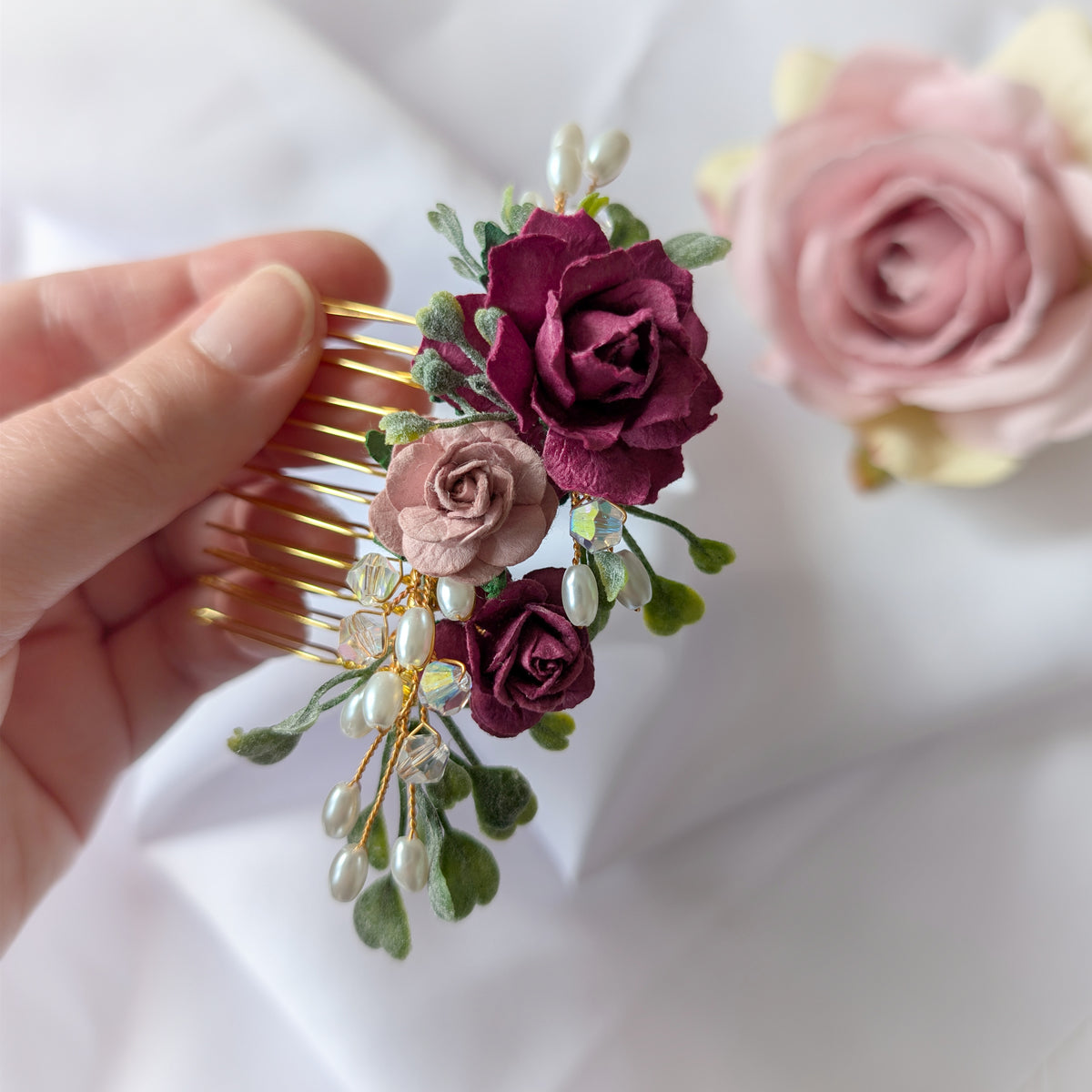 Burgundy, pink and gold hair comb, Bridal flower hair accessory, Bridesmaid hair piece