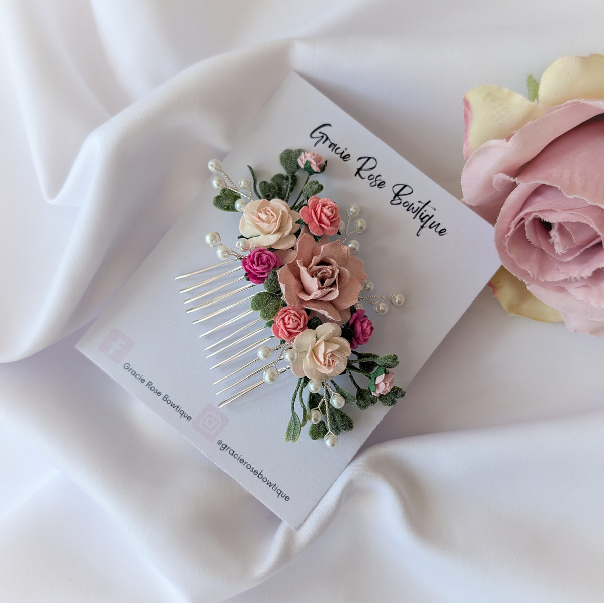 Pink flower hair comb, Pearl wedding Hair Accessories, Bridesmaid hair piece