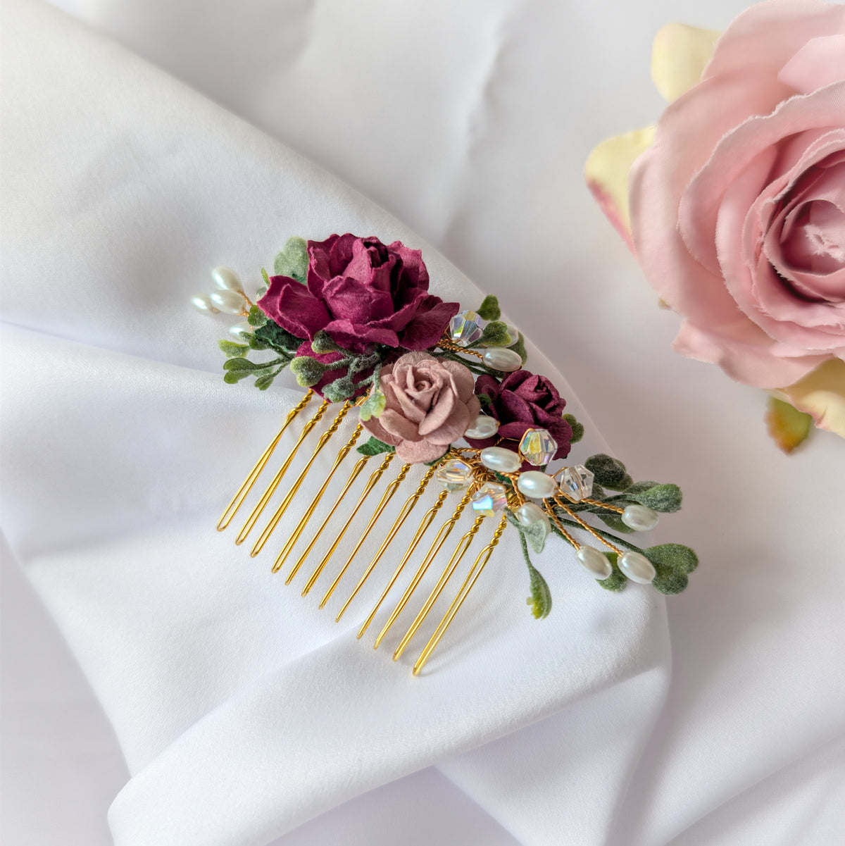 Burgundy, pink and gold hair comb, Bridal flower hair accessory, Bridesmaid hair piece