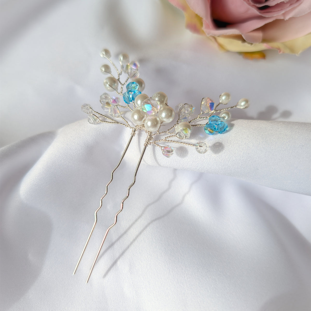 Pearl hair pin, Pearl & Crystal Bridal Accessory, Something blue gift