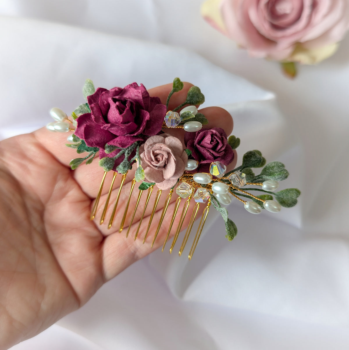 Burgundy, pink and gold hair comb, Bridal flower hair accessory, Bridesmaid hair piece