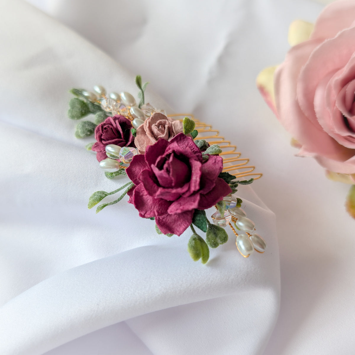 Burgundy, pink and gold hair comb, Bridal flower hair accessory, Bridesmaid hair piece