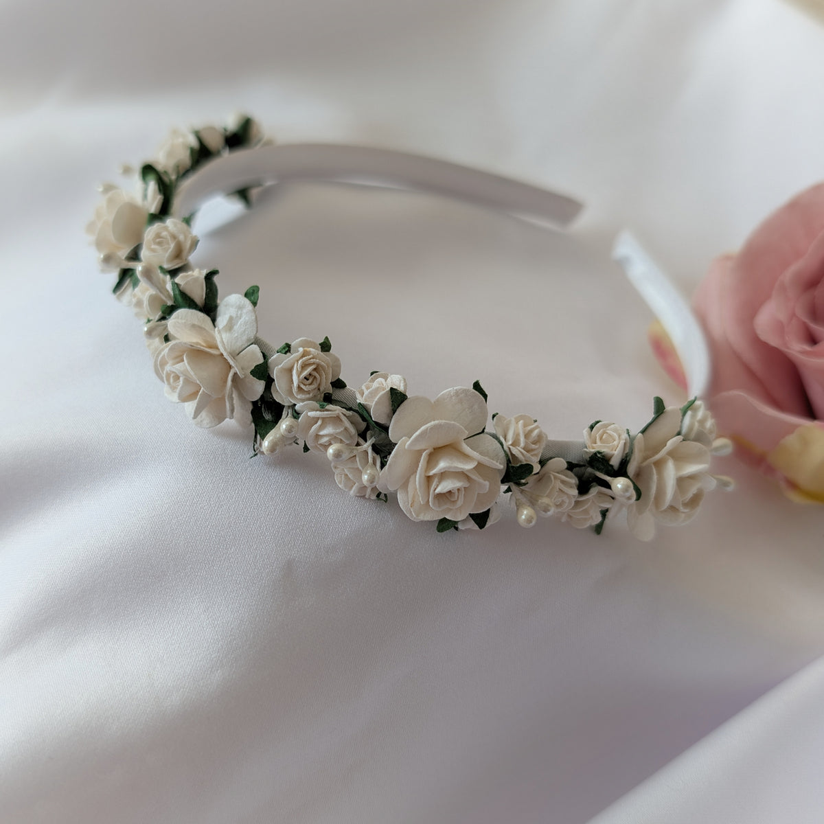 White flower headband, Flower girl hair accessories, Christening headband, Holy Communion hair piece