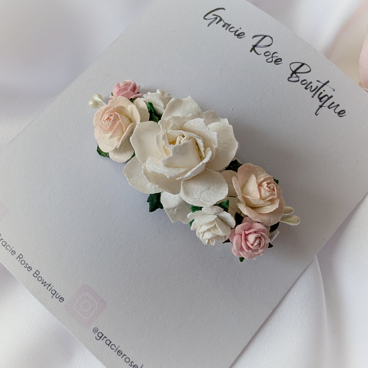 White and pink flower hair clip, Rose hair accessory, Flower girl hair piece