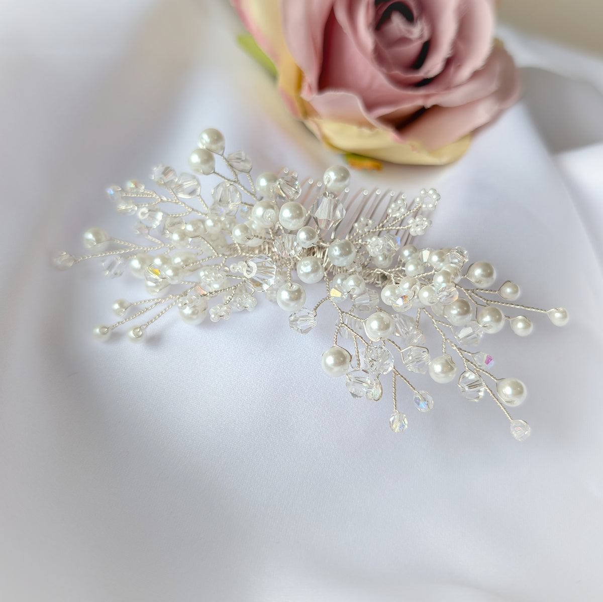 Wedding hair accessory, Handmade pearl and crystal bead hair comb, Bridal hair piece