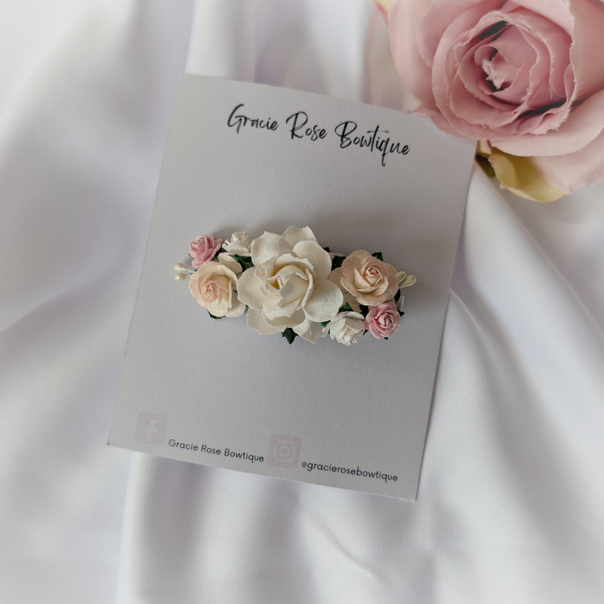 White and pink flower hair clip, Rose hair accessory, Flower girl hair piece
