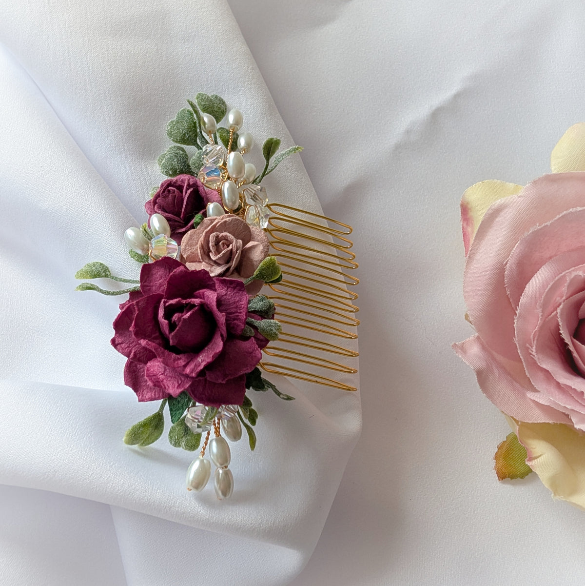 Burgundy, pink and gold hair comb, Bridal flower hair accessory, Bridesmaid hair piece