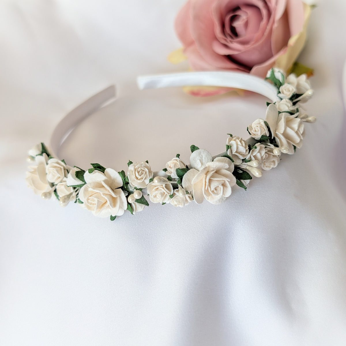 White flower headband, Flower girl hair accessories, Christening headband, Holy Communion hair piece