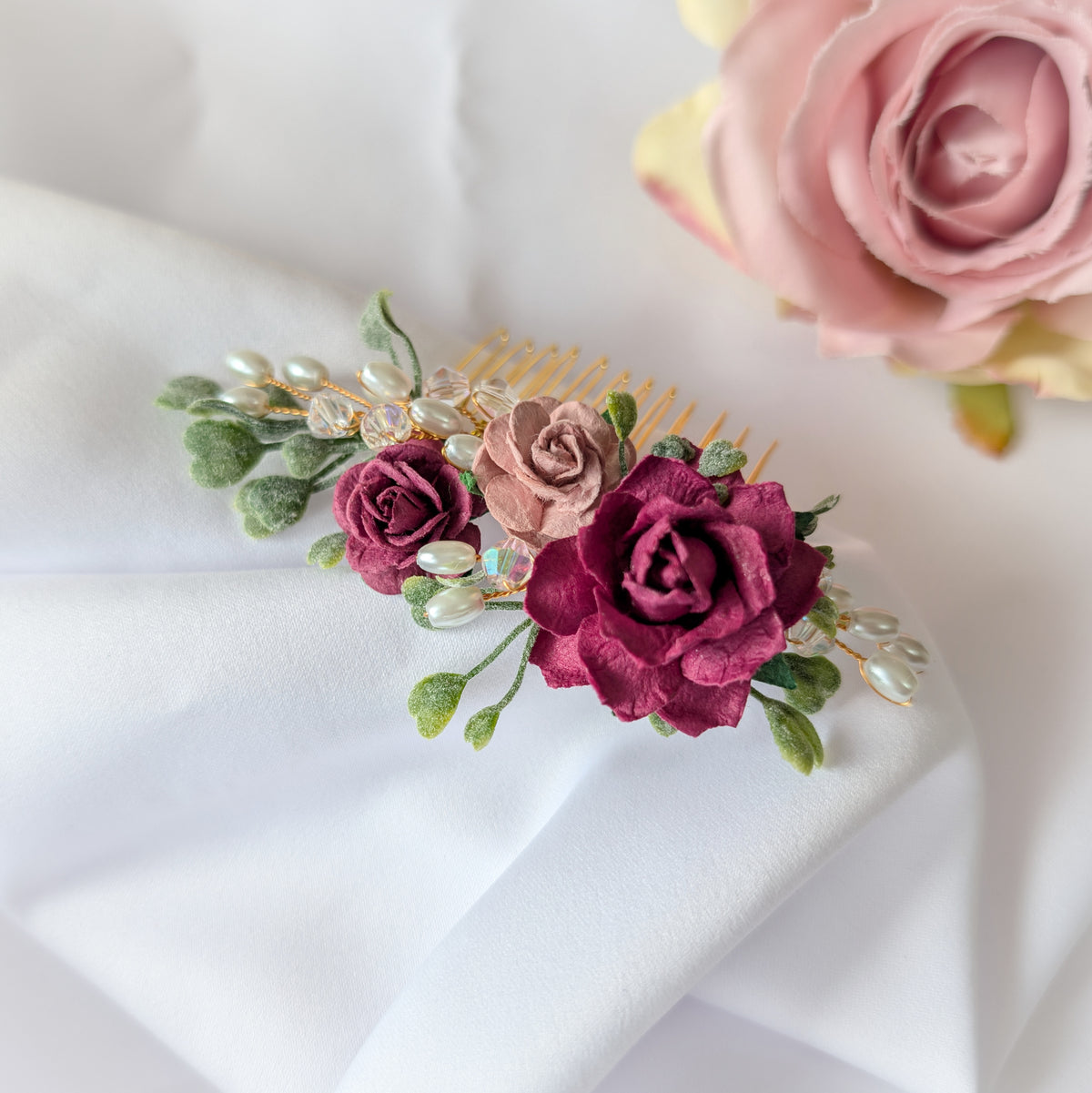 Burgundy, pink and gold hair comb, Bridal flower hair accessory, Bridesmaid hair piece