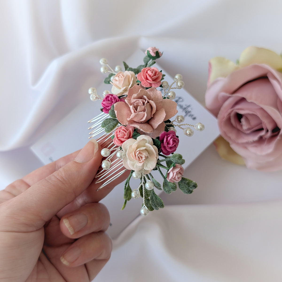 Pink flower hair comb, Pearl wedding Hair Accessories, Bridesmaid hair piece