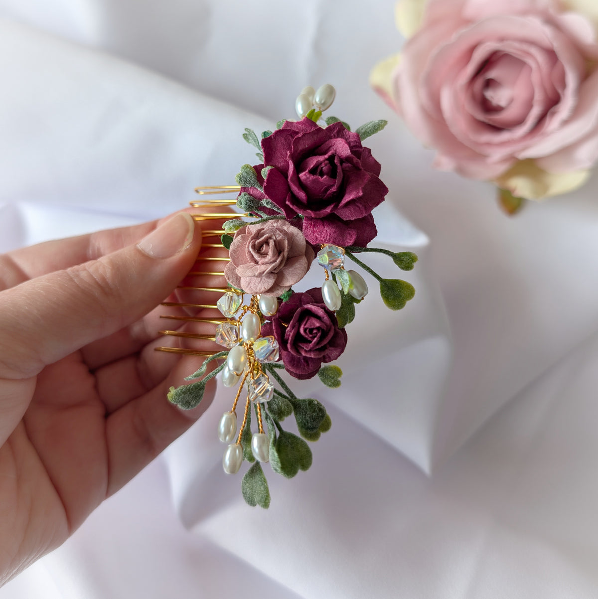 Burgundy, pink and gold hair comb, Bridal flower hair accessory, Bridesmaid hair piece