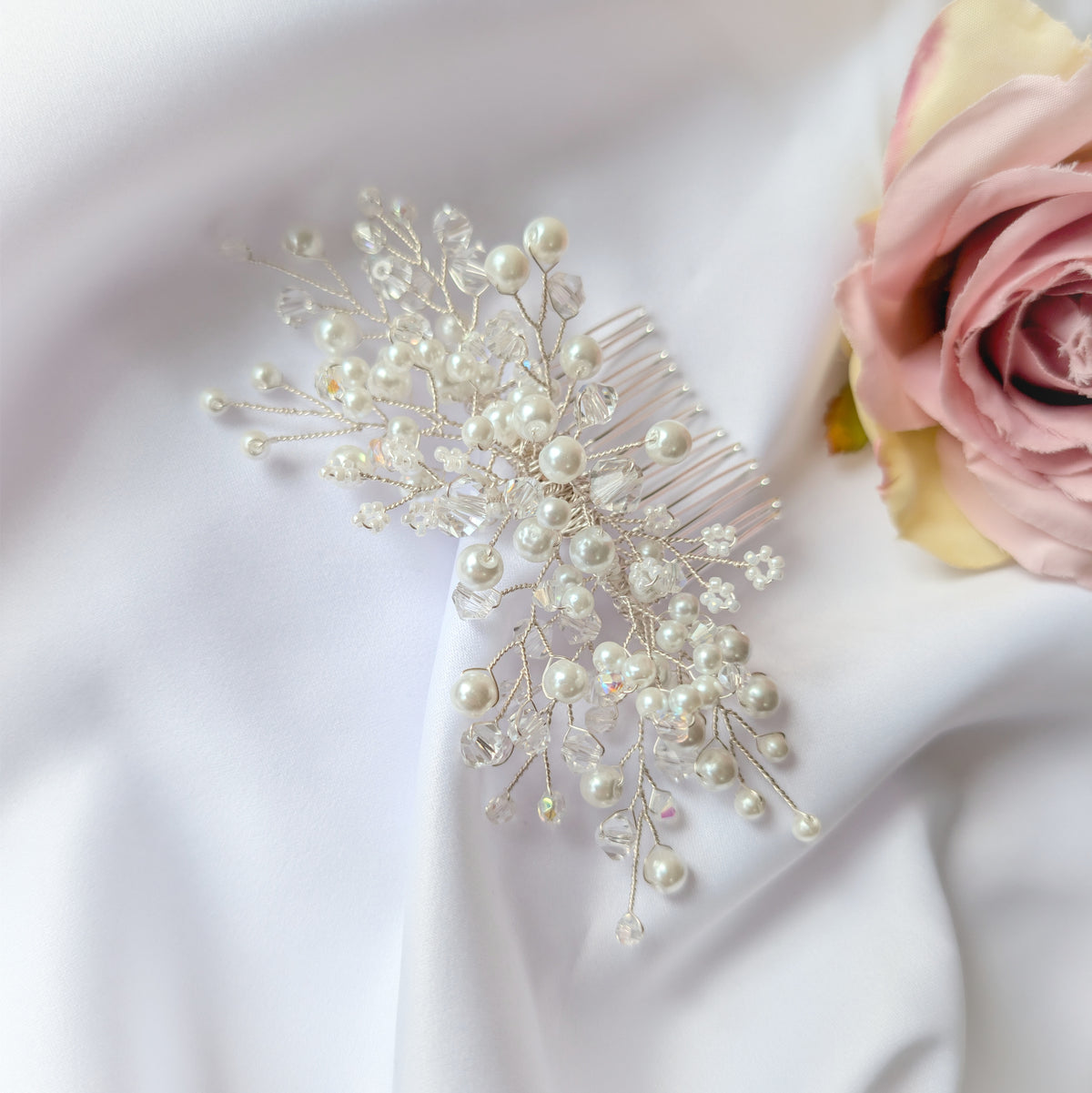Wedding hair accessory, Handmade pearl and crystal bead hair comb, Bridal hair piece