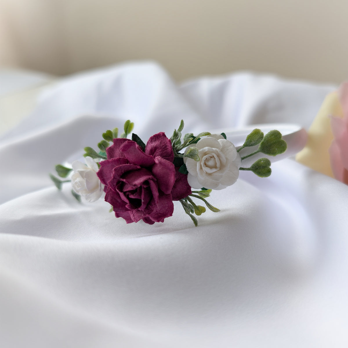 Burgundy rose headband, Flower girl hair piece, Christmas hairband, Hair accessory for weddings