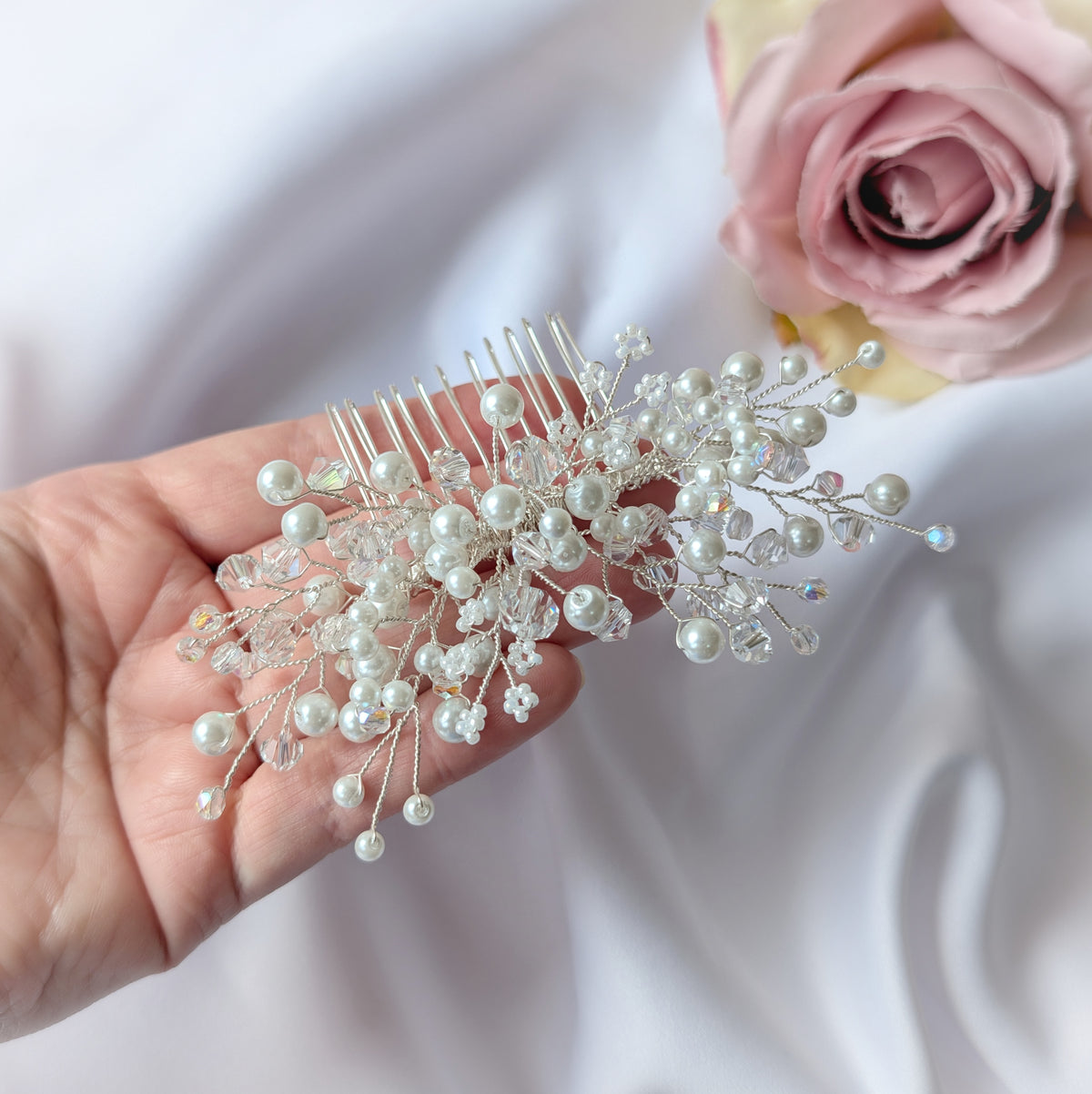 Wedding hair accessory, Handmade pearl and crystal bead hair comb, Bridal hair piece