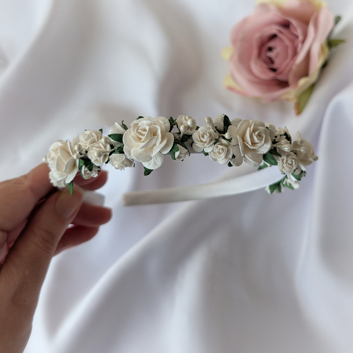 White flower headband, Flower girl hair accessories, Christening headband, Holy Communion hair piece