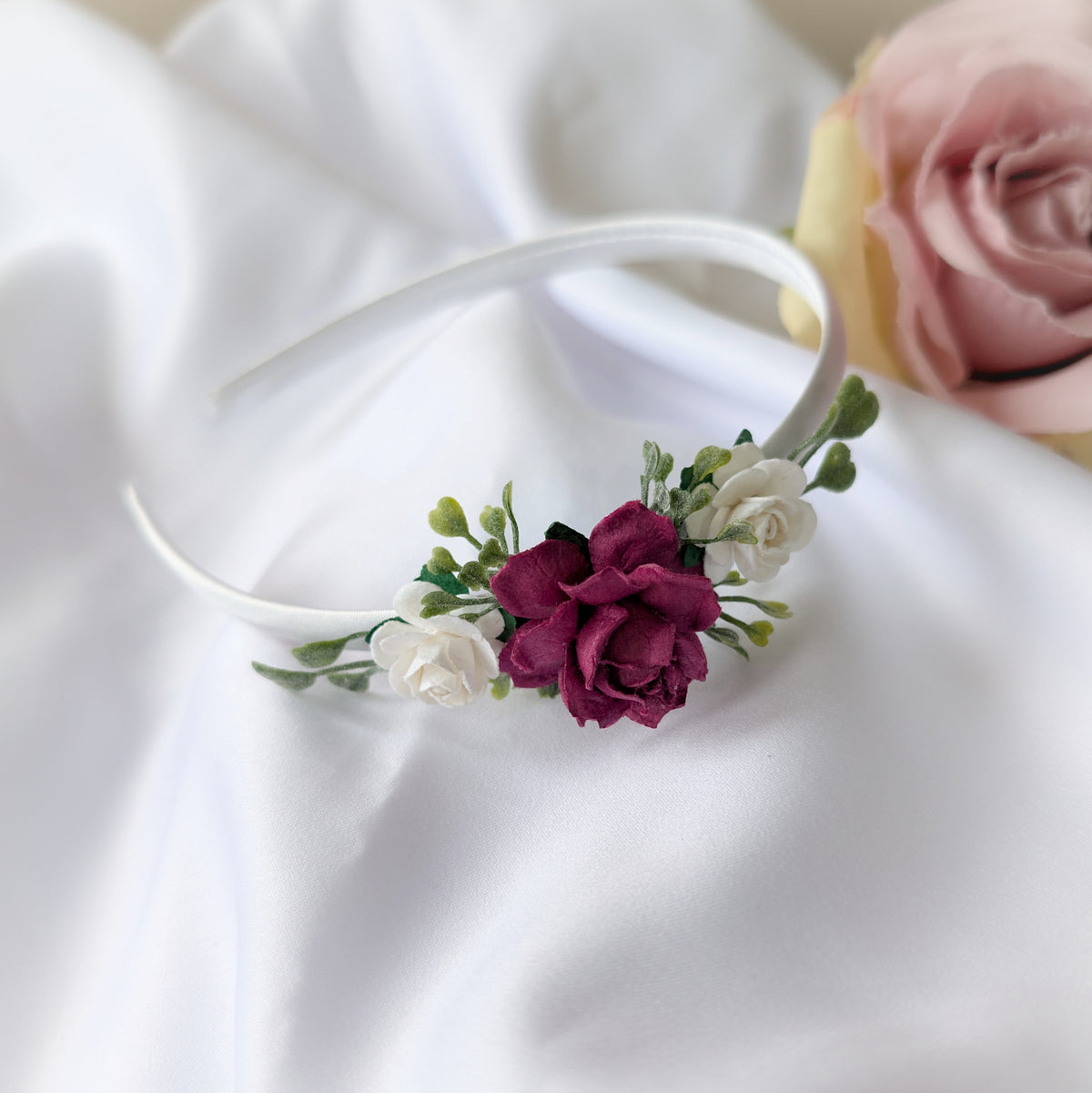 Burgundy rose headband, Flower girl hair piece, Christmas hairband, Hair accessory for weddings