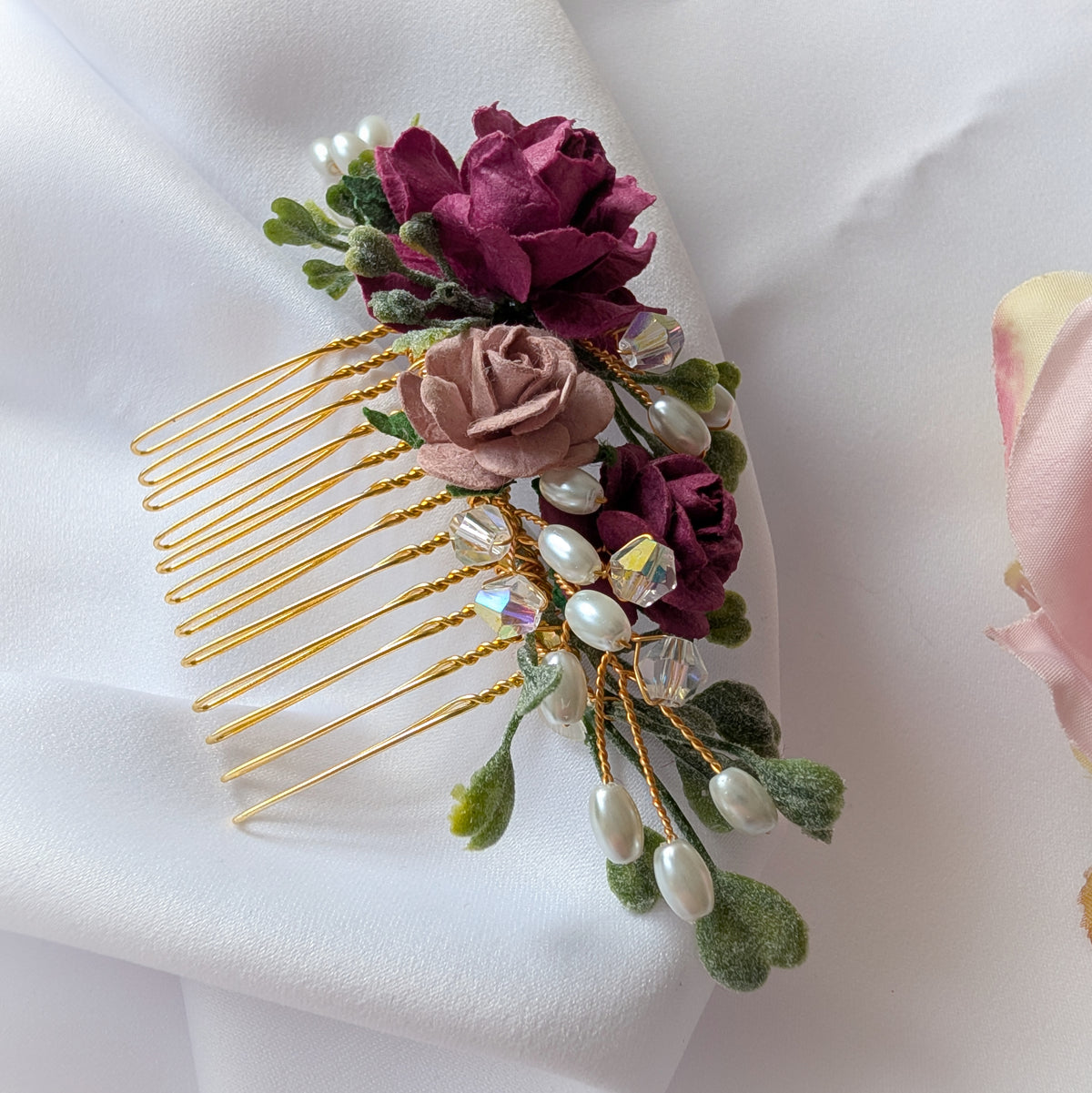 Burgundy, pink and gold hair comb, Bridal flower hair accessory, Bridesmaid hair piece