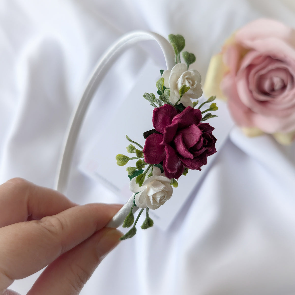 Burgundy rose headband, Flower girl hair piece, Christmas hairband, Hair accessory for weddings