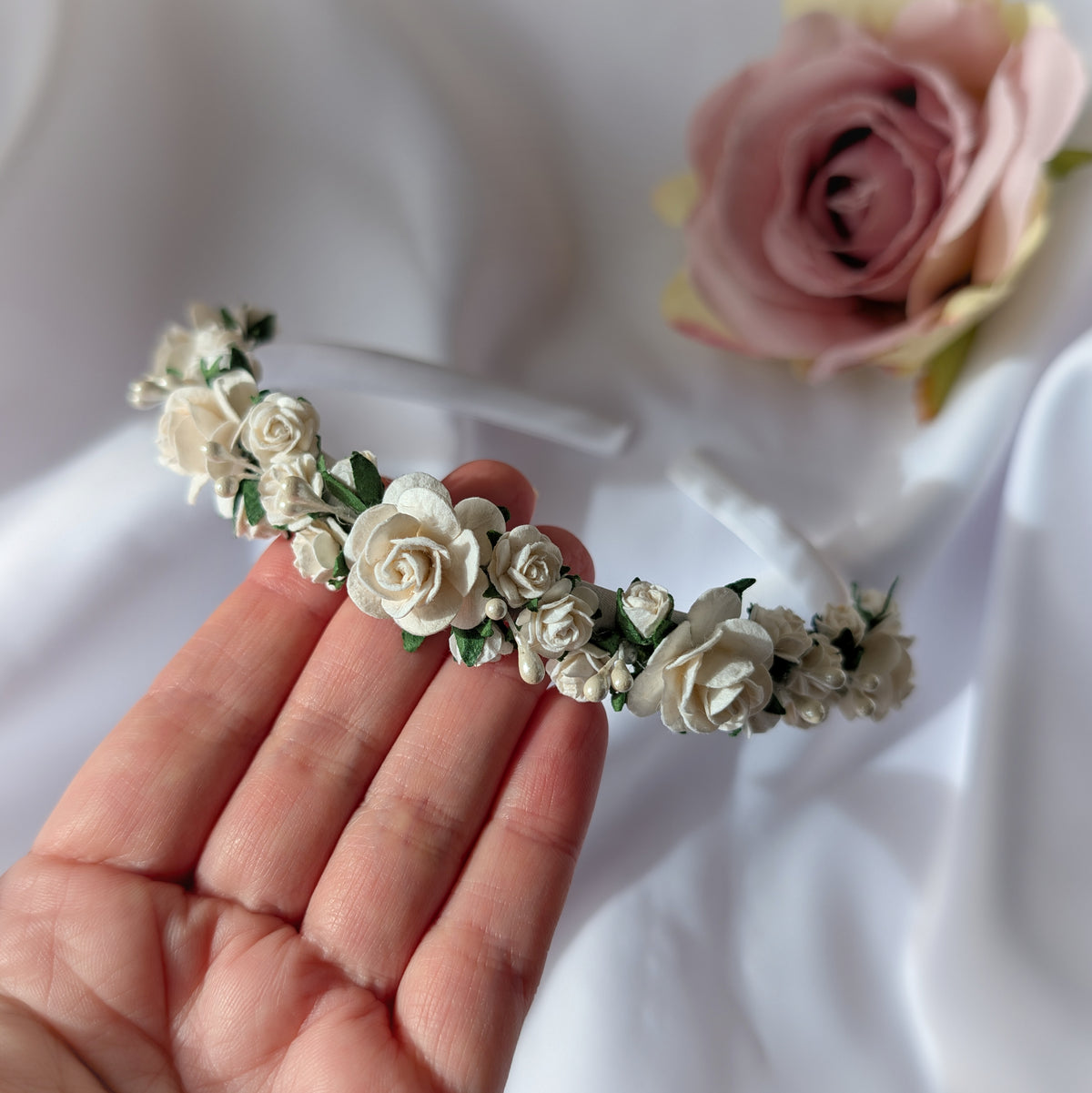 White flower headband, Flower girl hair accessories, Christening headband, Holy Communion hair piece