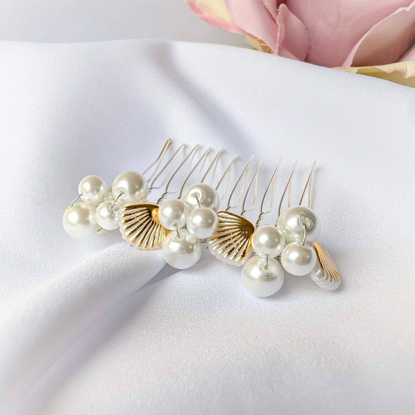Pearl and seashell hair comb