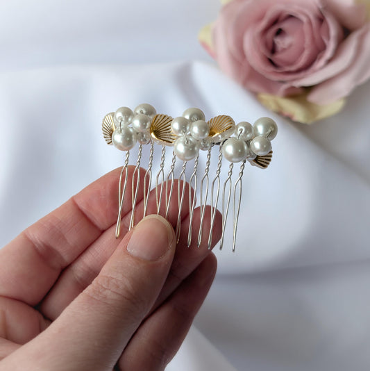 Pearl and seashell hair comb