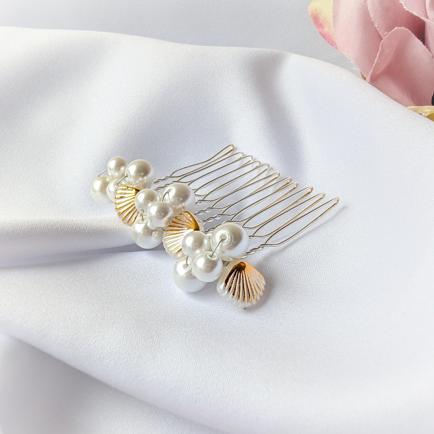 Pearl and seashell hair comb