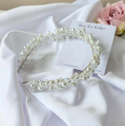Pearl bridal headband, Pearl and crystal crown for wedding, Bridal halo, Pearl tiara