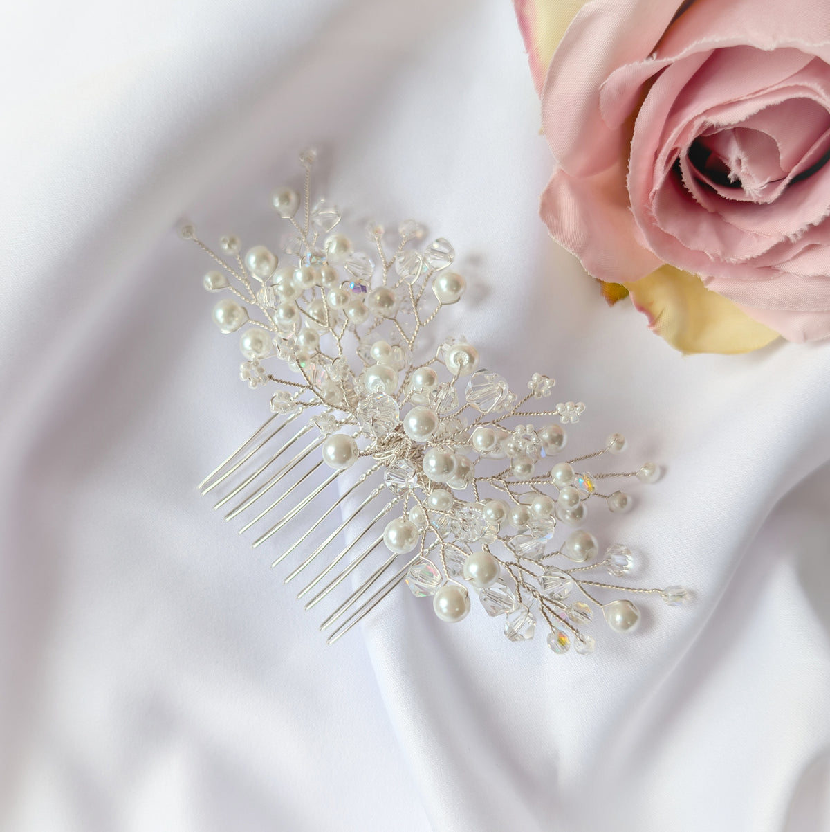 Wedding hair accessory, Handmade pearl and crystal bead hair comb, Bridal hair piece