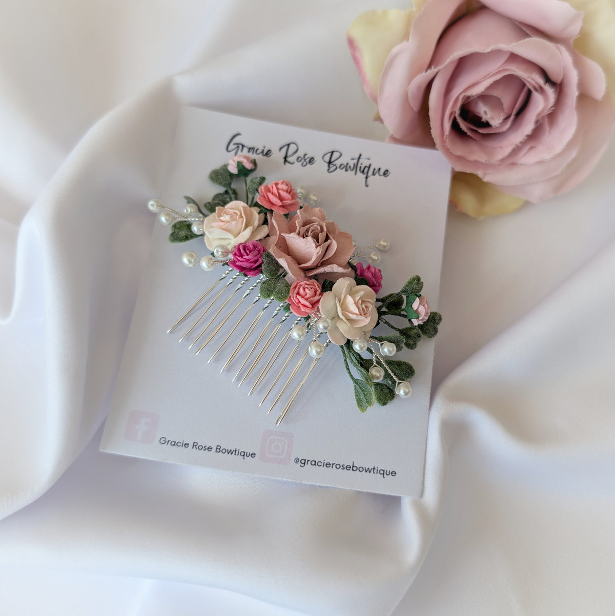 Pink flower hair comb, Pearl wedding Hair Accessories, Bridesmaid hair piece
