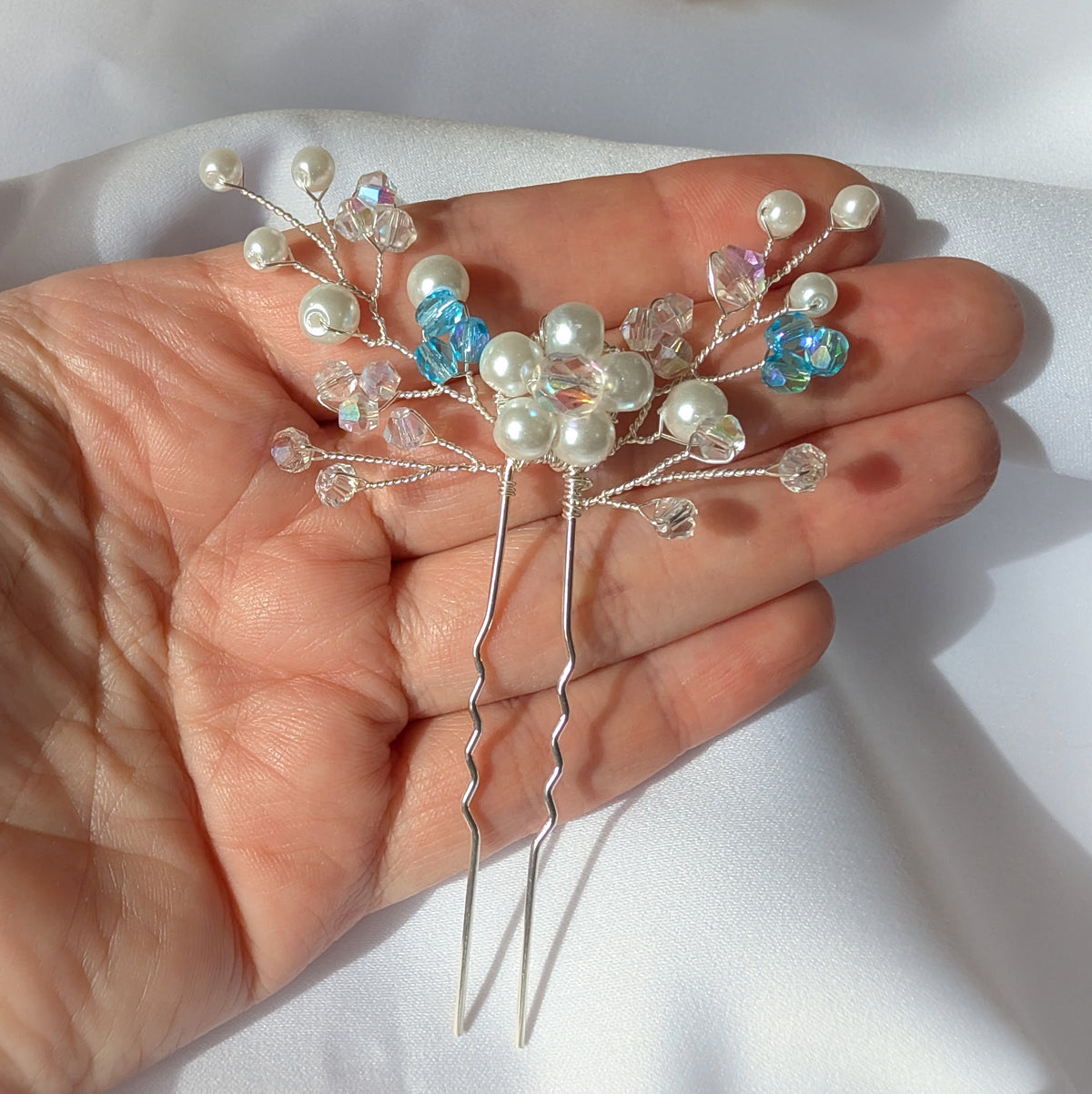 Pearl hair pin, Pearl & Crystal Bridal Accessory, Something blue gift