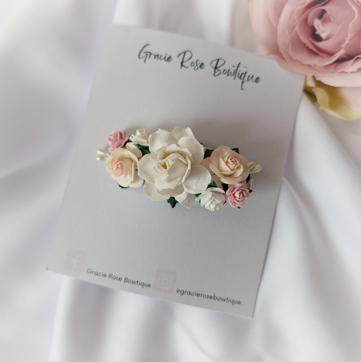 White and pink flower hair clip, Rose hair accessory, Flower girl hair piece