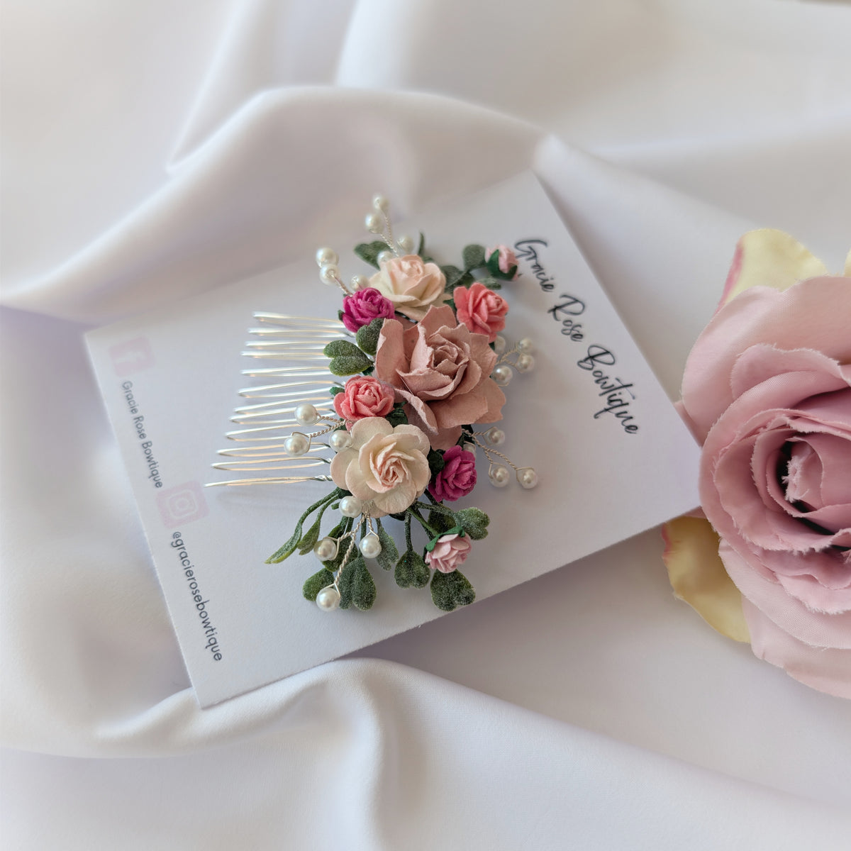 Pink flower hair comb, Pearl wedding Hair Accessories, Bridesmaid hair piece