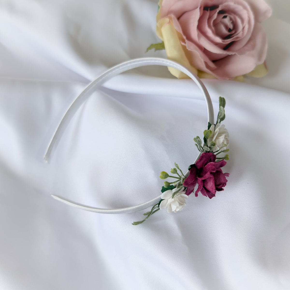 Burgundy rose headband, Flower girl hair piece, Christmas hairband, Hair accessory for weddings