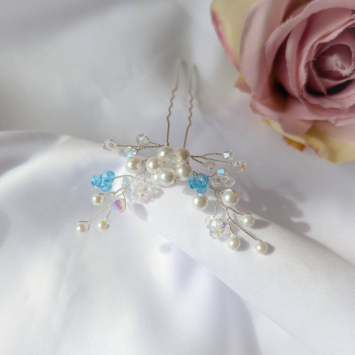 Pearl hair pin, Pearl & Crystal Bridal Accessory, Something blue gift
