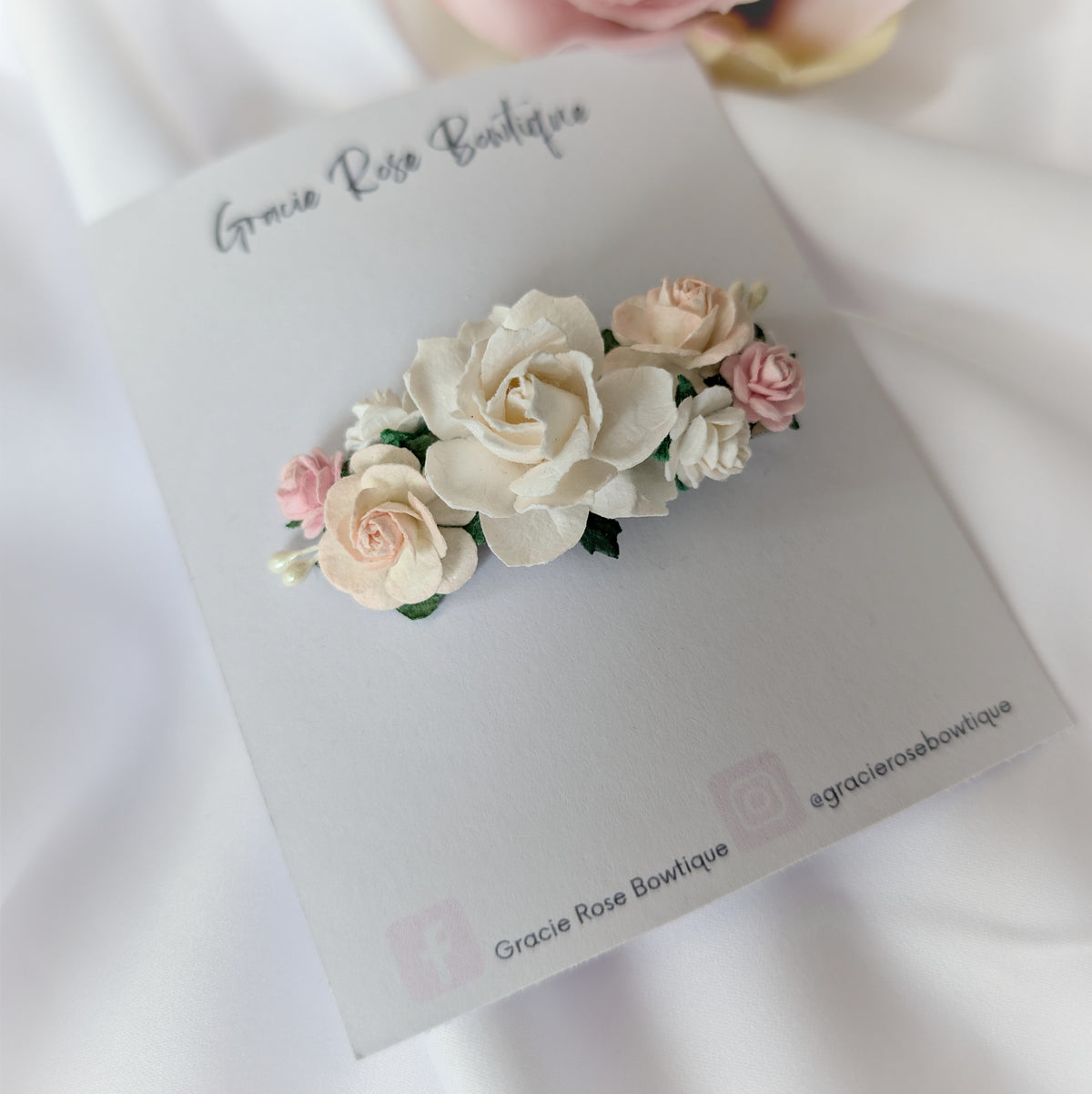 White and pink flower hair clip, Rose hair accessory, Flower girl hair piece