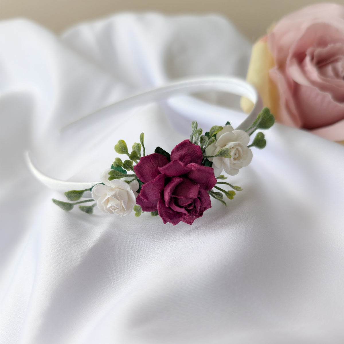 Burgundy rose headband, Flower girl hair piece, Christmas hairband, Hair accessory for weddings