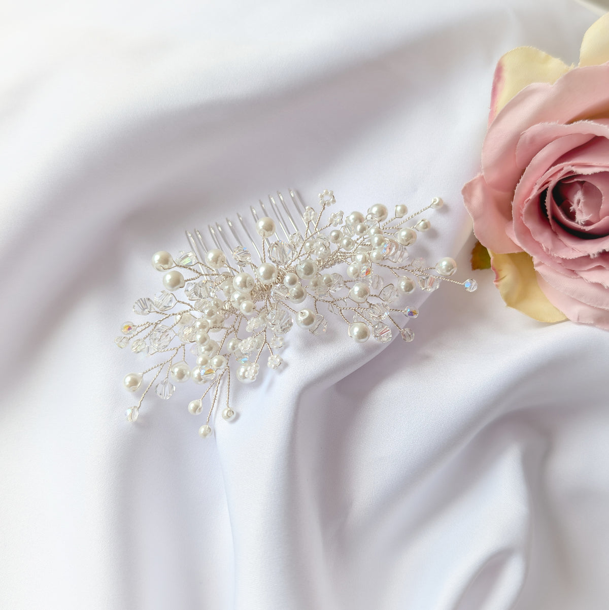 Wedding hair accessory, Handmade pearl and crystal bead hair comb, Bridal hair piece