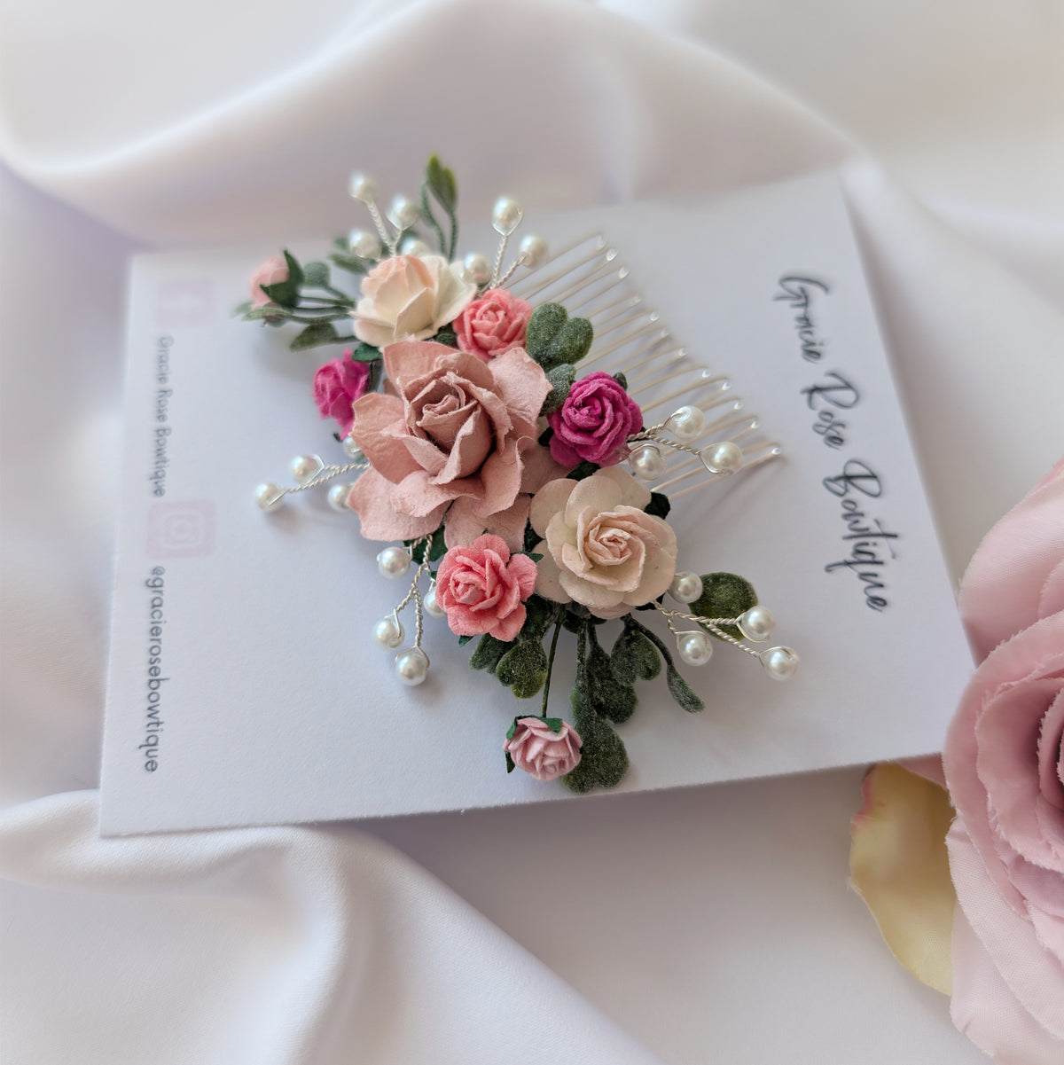 Pink flower hair comb, Pearl wedding Hair Accessories, Bridesmaid hair piece