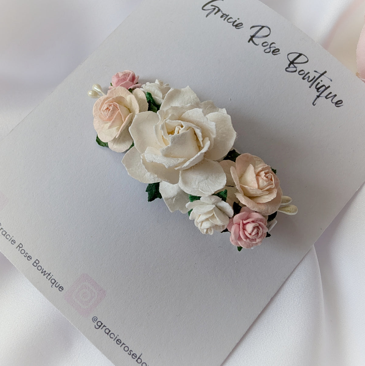 White and pink flower hair clip, Rose hair accessory, Flower girl hair piece