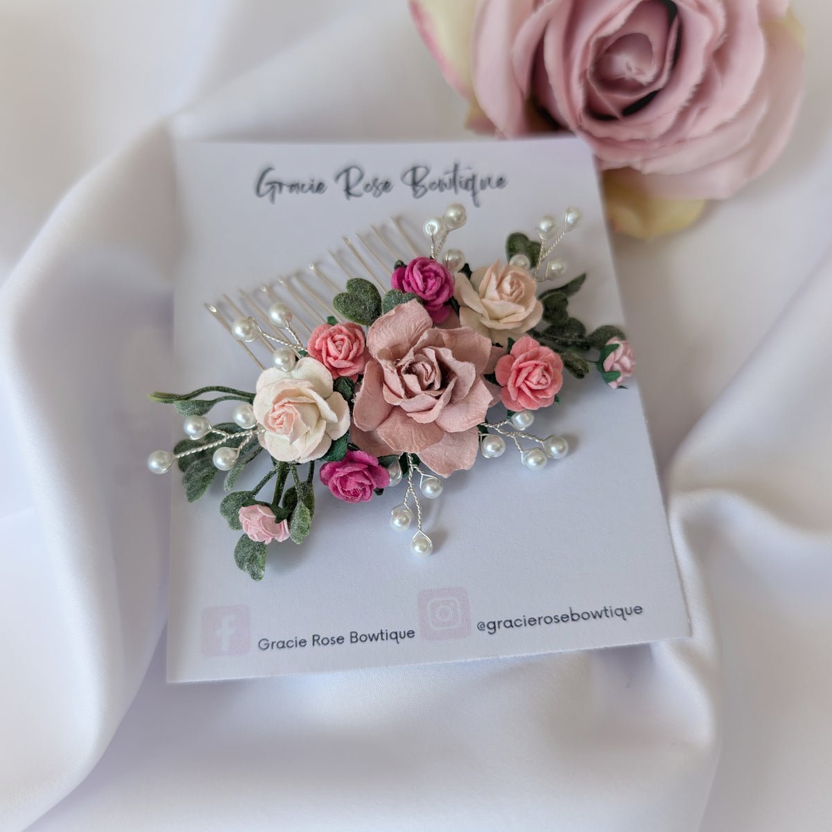 Pink flower hair comb, Pearl wedding Hair Accessories, Bridesmaid hair piece